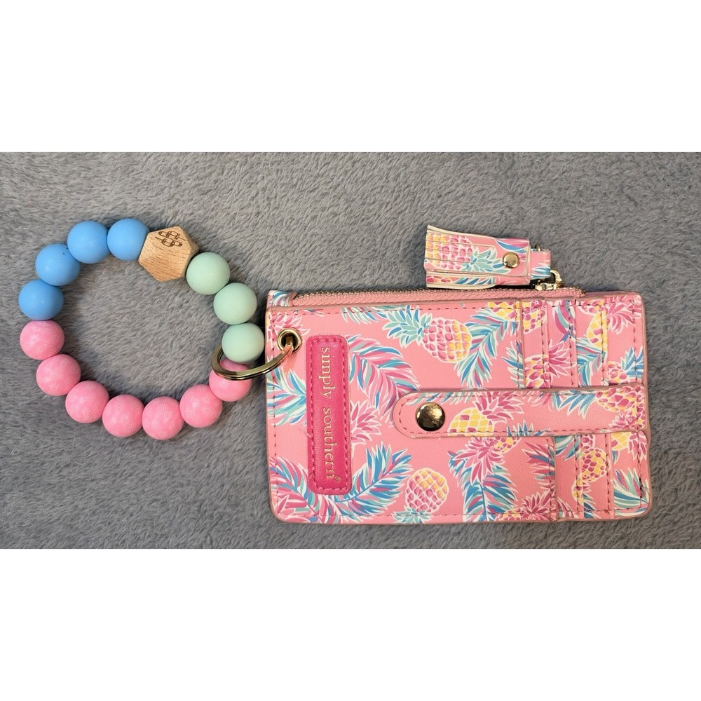 Simply Southern Wallet Womens Pink Pineapple Floral Small Beaded Wristlet